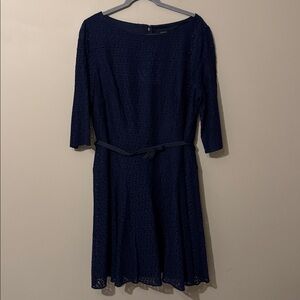 Tahari ASL navy blue lace long sleeve belted dress, size 16